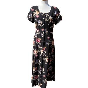Vintage Basic Editions Black Floral Boho Button Down Dress
